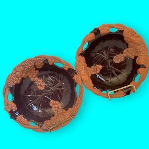 Vintage Claire Burke Terra Cotta Potpourri Fragrance Bowls Pair 8” Wide Eggplant